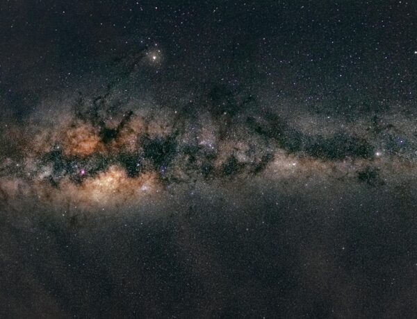 Panoramic view of the Milky Way galaxy captured at night over Tôrres, Brazil.